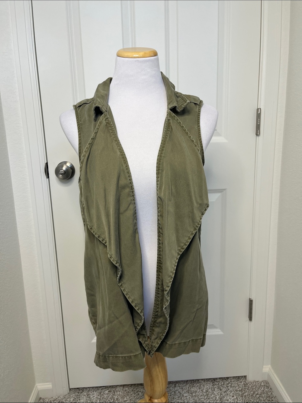 Sleeveless Olive Green Draped Open-Front Vest